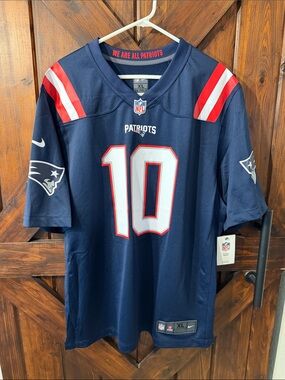 Nike Patriots #10 Jones Navy Blue Football Jersey with Red and White Accents